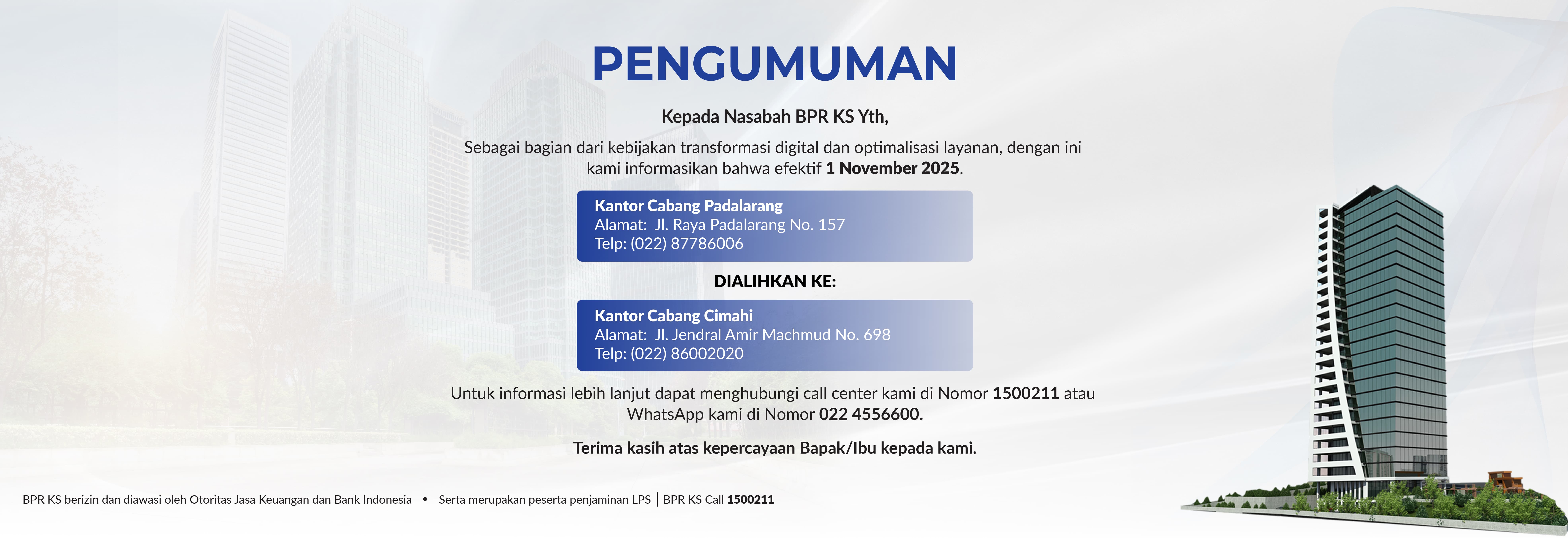 Pengumuman Pengalihan Kantor Cabang Padalarang